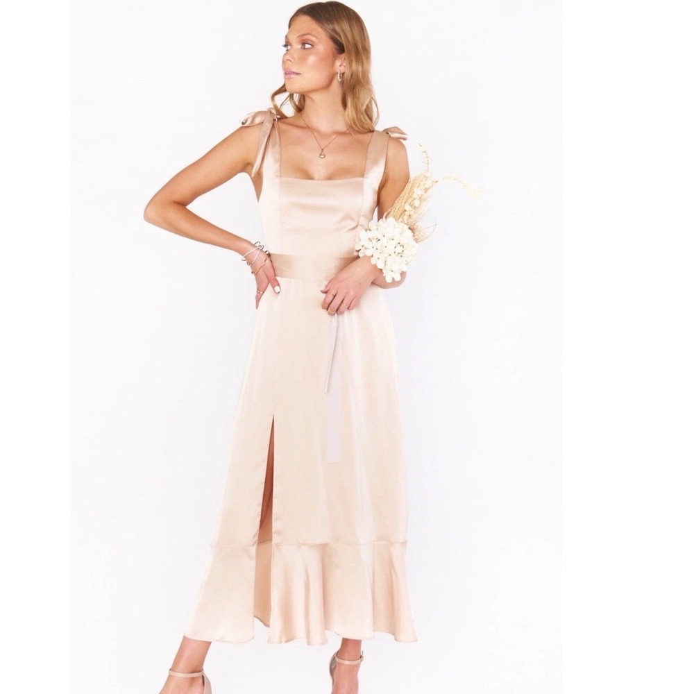 Show Me Your Mumu Women Champagne Satin Tie Shoulder Ruffle Maxi Dress Large
